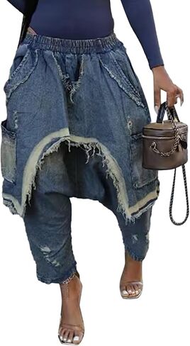 Womens Baggy Harem Jeans Hippie Patchwork Cargo Denim Pants Casual Elastic Waist Wide Leg Jogger Trousers in Saudi Arabia