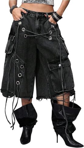 WDIRARA Women's Wide Leg Capris Cargo Jeans Grunge Punk Grommet Eyelet Denim Pants Streetwear in Kuwait