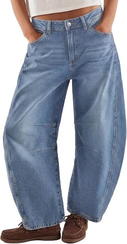Trendy Queen Women‘s Barrel Jeans - Wide Leg & High Waisted Denim Pants with Curved Hem and Slant Pockets in Kuwait