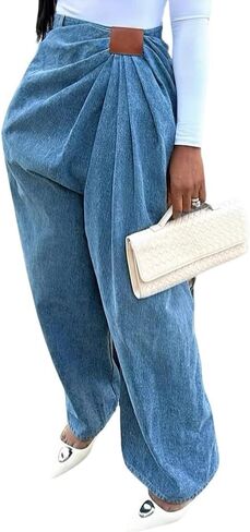 Women's Pleated High Waisted Baggy Jeans Trendy Wide Leg Y2K Denim Pants Streetwear with Pockets in Saudi Arabia