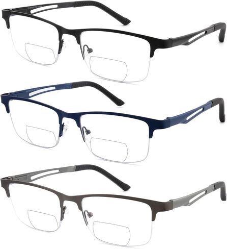HIYANJN Bifocal Reading Glasses For Men,Premium Quality Metal Half Frame Anti-Blue Light Computer Readers With Spring Hinge in Kuwait
