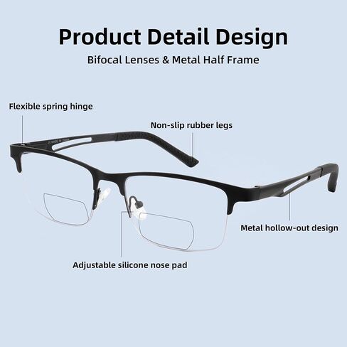 HIYANJN Bifocal Reading Glasses For Men,Premium Quality Metal Half Frame Anti-Blue Light Computer Readers With Spring Hinge in Kuwait