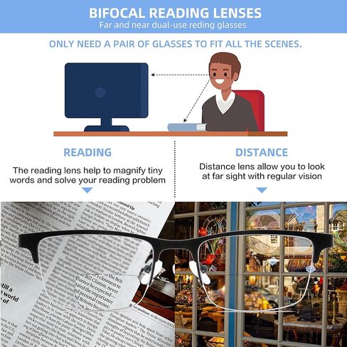 HIYANJN Bifocal Reading Glasses For Men,Premium Quality Metal Half Frame Anti-Blue Light Computer Readers With Spring Hinge in Kuwait