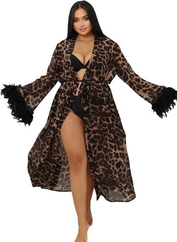 Women's Long Kimono Robes Leopard Print with Feather Trim, Sheer Chiffon Nightgown, Cover Up with Belt, S-2XL in Saudi Arabia