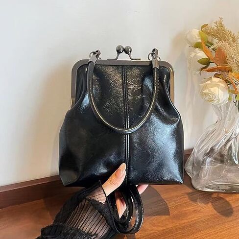 Retro Kisslock Crossbody Bag for Women - PU Leather Convertible Top Handle Handbag for Daily Use in Kuwait