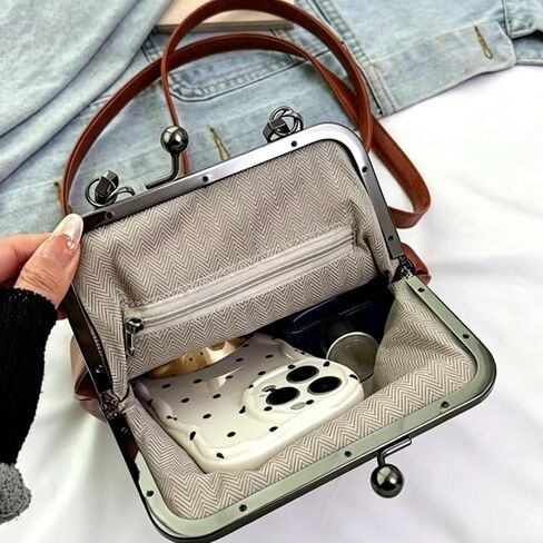 Retro Kisslock Crossbody Bag for Women - PU Leather Convertible Top Handle Handbag for Daily Use in Kuwait