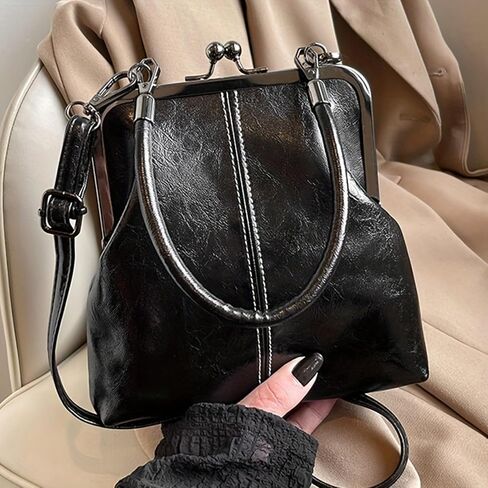 Retro Kisslock Crossbody Bag for Women - PU Leather Convertible Top Handle Handbag for Daily Use in Kuwait