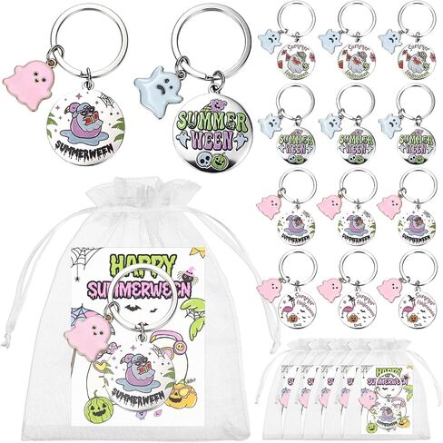 12 Sets Summerween Party Decor Gifts Summerween Ghost Keychain with Cards Organza Bags Summer Halloween Theme Party Favor Keyring for Guests Coworkers Tropical Beach Pool Hawaiian Spooky Party Supply in Saudi Arabia
