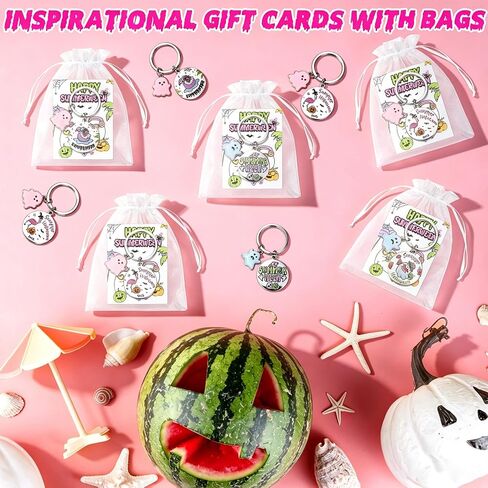 12 Sets Summerween Party Decor Gifts Summerween Ghost Keychain with Cards Organza Bags Summer Halloween Theme Party Favor Keyring for Guests Coworkers Tropical Beach Pool Hawaiian Spooky Party Supply in Saudi Arabia