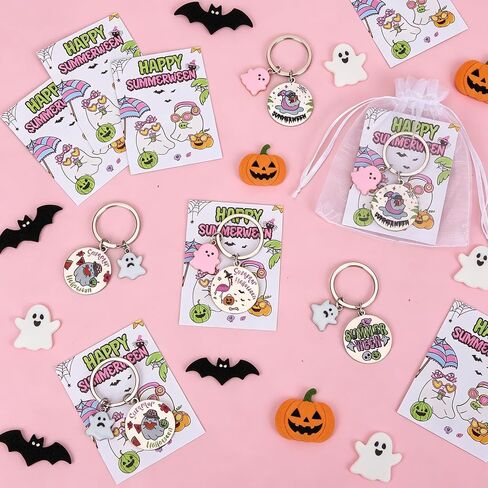 12 Sets Summerween Party Decor Gifts Summerween Ghost Keychain with Cards Organza Bags Summer Halloween Theme Party Favor Keyring for Guests Coworkers Tropical Beach Pool Hawaiian Spooky Party Supply in Saudi Arabia