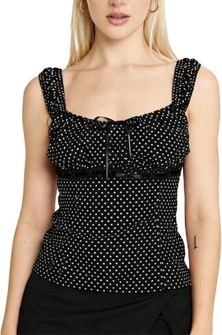 Women Y2k Polka Dot Babydoll Tank Top Cute Low Cut Sweetheart Neck Ruched Bust Lace Trim Camisole Retro Going Out Top in Saudi Arabia