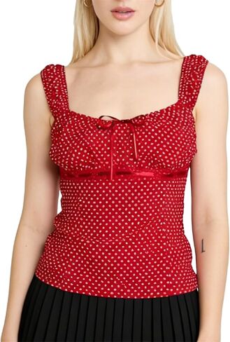 Women Y2k Polka Dot Babydoll Tank Top Cute Low Cut Sweetheart Neck Ruched Bust Lace Trim Camisole Retro Going Out Top in Saudi Arabia