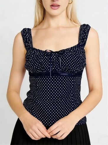 Women Y2k Polka Dot Babydoll Tank Top Cute Low Cut Sweetheart Neck Ruched Bust Lace Trim Camisole Retro Going Out Top in Saudi Arabia