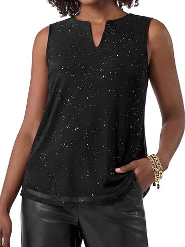Vrtige Women's Glitter Mesh Double Layered Notch V Neck Sleeveless Elegant Tank Tops in Kuwait