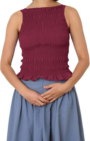 Smocked Tops Women Ruffle Hem Sleeveless Crewneck Slim Fit Crop Tank Top Y2K Summer Shirred Vest in Saudi Arabia