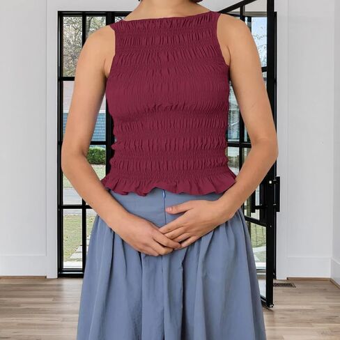 Smocked Tops Women Ruffle Hem Sleeveless Crewneck Slim Fit Crop Tank Top Y2K Summer Shirred Vest in Saudi Arabia