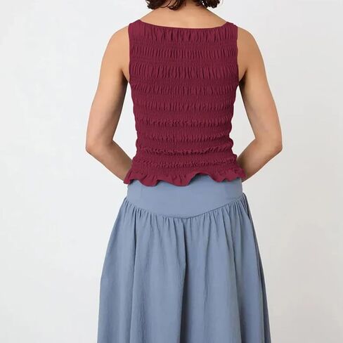 Smocked Tops Women Ruffle Hem Sleeveless Crewneck Slim Fit Crop Tank Top Y2K Summer Shirred Vest in Saudi Arabia