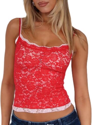 Women Y2K Lace Spaghetti Strap Cami Top Sheer Floral Lace Slim Fit Crop Tank Summer Going Out Streetwear in Saudi Arabia