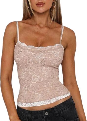 Women Y2K Lace Spaghetti Strap Cami Top Sheer Floral Lace Slim Fit Crop Tank Summer Going Out Streetwear in Saudi Arabia