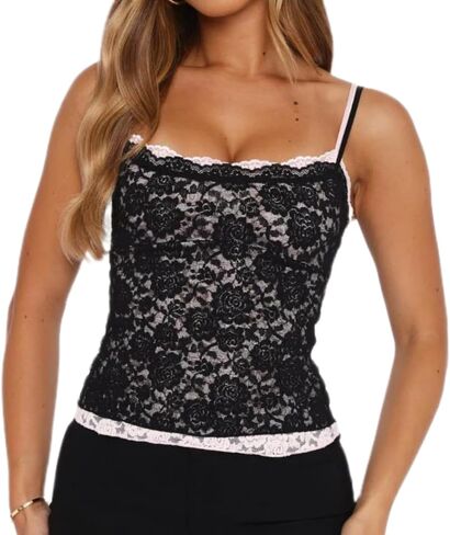 Women Y2K Lace Spaghetti Strap Cami Top Sheer Floral Lace Slim Fit Crop Tank Summer Going Out Streetwear in Saudi Arabia