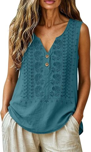 Cotton Linen Tank Tops for Women Summer Casual Sleeveless Button V Neck Shirts Lightweight Tanks Boho Embroidery Shirt in Saudi Arabia