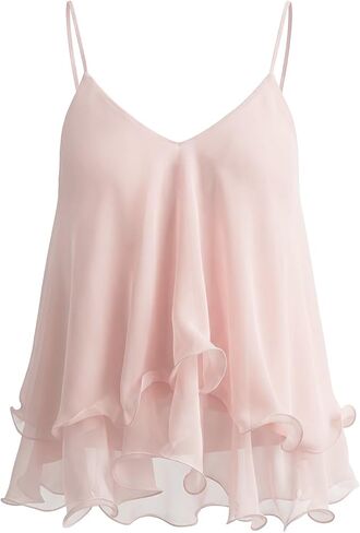 Women's Ruffled Chiffon Camisole Top Flowy Layered Spaghetti Strap Tank Elegant V Neck Blouse Dress(Pink,XL) in Saudi Arabia