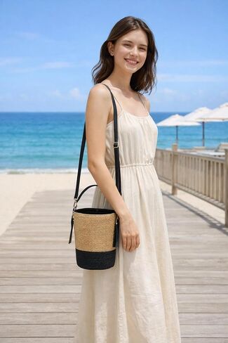 Eiyye Mini Woven Bucket Bag for Women Lightweight Straw Style Crossbody Purse with Leather Strap Drawstring Closure Summer Boho Handbag in Saudi Arabia