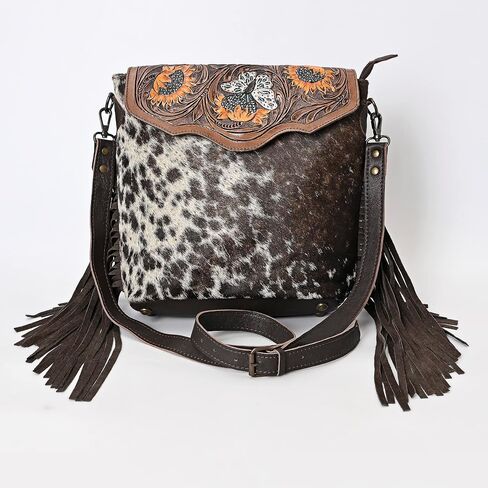 Merbaa Leather Crossbody Bag for Women made with Natural Cowhide Hand Tooled Western Design With Adjustable Detachable Strap in Saudi Arabia