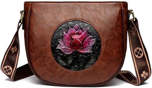 Vintage Ethnic Crossbody Bag with Pink for Lotus Design, Floral Pattern Strap, Zipper Closure for Women Handbag Shoulder Bag in Kuwait