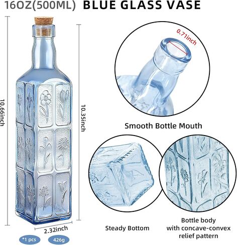 1PC Vintage Vase with Corks, Embossed Colorful Glass Bottles, Decorative Colored Garden Glass Vase, Large Size Wine Bottle for Centerpiece Garden Decor, Bottle Tree, 16 OZ (1, Blue) in Saudi Arabia