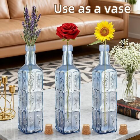 1PC Vintage Vase with Corks, Embossed Colorful Glass Bottles, Decorative Colored Garden Glass Vase, Large Size Wine Bottle for Centerpiece Garden Decor, Bottle Tree, 16 OZ (1, Blue) in Saudi Arabia