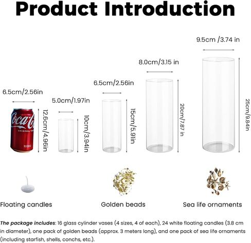 Sandraheer 16 Pack Glass Cylinder Vases, 24 Floating Candles, 4/6/8/10in Hurricane Holders, +3M Golden Bead String, Sea Life Ornaments for Table Centerpiece in Saudi Arabia