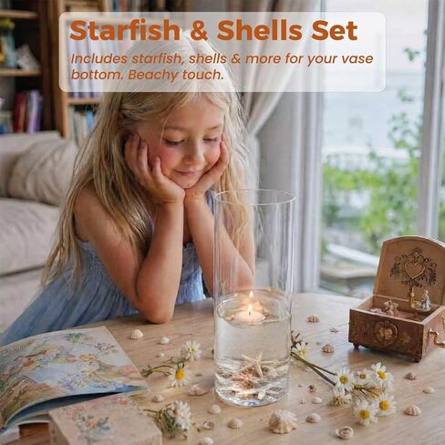 Sandraheer 16 Pack Glass Cylinder Vases, 24 Floating Candles, 4/6/8/10in Hurricane Holders, +3M Golden Bead String, Sea Life Ornaments for Table Centerpiece in Saudi Arabia