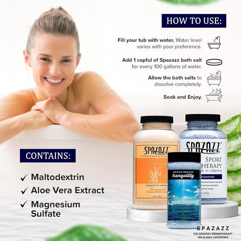 Spazazz Hot Tub Aromatherapy Crystals Bundle – 3 Pack Magnesium Bath Salt | Magnesium Aromatherapy Bath Salts; 22oz Escape Grapefruit Orange, 17oz Ocean Breeze Botanicals, 19oz RX Sport Therapy in Saudi Arabia