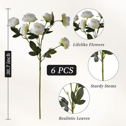 6 Pcs Artificial Peonies Flowers for Vase Decoration,30" Faux Long Stem Flowers with 42 Silk Heads for Wedding Party Home Office Table Centerpieces Decor (White) in Saudi Arabia