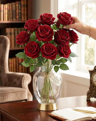 10 Pcs Red Velvet Roses Artificial Flowers - 20" Long Stem Fake Red Roses with 4" Large Jumbo Head for Romantic Anniversary, Bridal Bouquet, Wedding Centerpieces, Gothic Home Decor in Kuwait