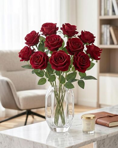 10 Pcs Red Velvet Roses Artificial Flowers - 20" Long Stem Fake Red Roses with 4" Large Jumbo Head for Romantic Anniversary, Bridal Bouquet, Wedding Centerpieces, Gothic Home Decor in Kuwait