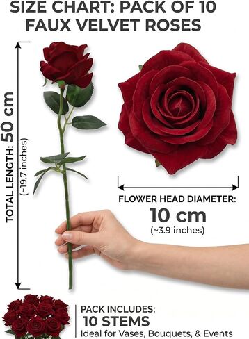 10 Pcs Red Velvet Roses Artificial Flowers - 20" Long Stem Fake Red Roses with 4" Large Jumbo Head for Romantic Anniversary, Bridal Bouquet, Wedding Centerpieces, Gothic Home Decor in Kuwait