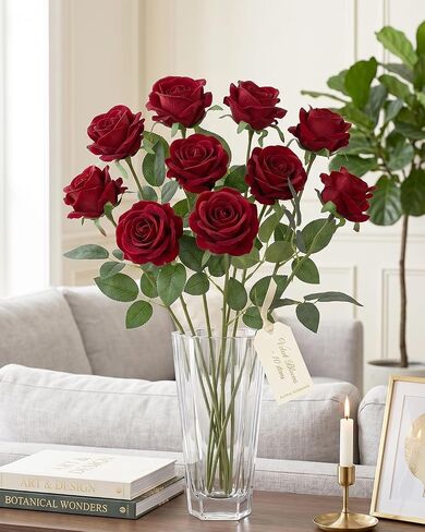 10 Pcs Red Velvet Roses Artificial Flowers - 20" Long Stem Fake Red Roses with 4" Large Jumbo Head for Romantic Anniversary, Bridal Bouquet, Wedding Centerpieces, Gothic Home Decor in Kuwait