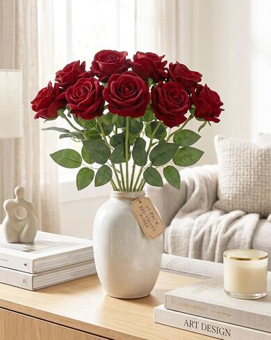 10 Pcs Red Velvet Roses Artificial Flowers - 20" Long Stem Fake Red Roses with 4" Large Jumbo Head for Romantic Anniversary, Bridal Bouquet, Wedding Centerpieces, Gothic Home Decor in Kuwait