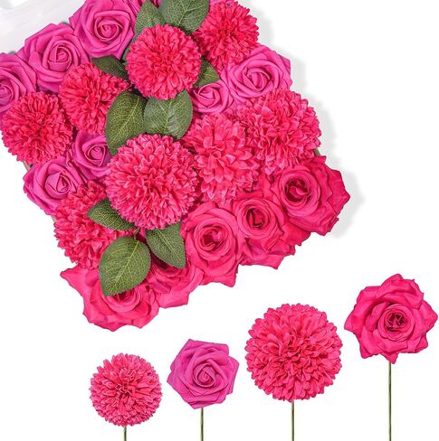 TINGE TIME Rose Artificial Flowers Combo, 23pcs Hot Pink Gradient Fake Flowers Chrysanthemum with Stems for DIY Wedding Bouquets Table Centerpieces Baby Shower Party Home Decorations in Saudi Arabia