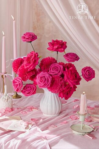 TINGE TIME Rose Artificial Flowers Combo, 23pcs Hot Pink Gradient Fake Flowers Chrysanthemum with Stems for DIY Wedding Bouquets Table Centerpieces Baby Shower Party Home Decorations in Saudi Arabia