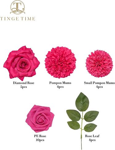 TINGE TIME Rose Artificial Flowers Combo, 23pcs Hot Pink Gradient Fake Flowers Chrysanthemum with Stems for DIY Wedding Bouquets Table Centerpieces Baby Shower Party Home Decorations in Saudi Arabia