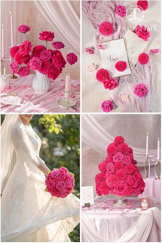 TINGE TIME Rose Artificial Flowers Combo, 23pcs Hot Pink Gradient Fake Flowers Chrysanthemum with Stems for DIY Wedding Bouquets Table Centerpieces Baby Shower Party Home Decorations in Saudi Arabia