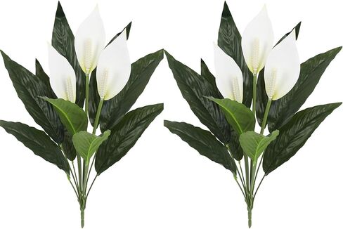 2pcs Artificial Spathiphyllum Plant 15.5" Fake PU Peace Lily Flower Faux Anthurium for Vase Bouquets Home Office Wedding Decor.(White) in Saudi Arabia