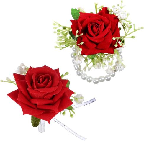 Larrel 2 Pcs Corsage and Boutonniere Set, Royal Red Corsage Wristlet Band Pearl Bracelet Wedding Flower Accessories for Men Wedding Prom Party Suit Decoration in Saudi Arabia