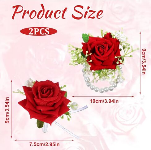 Larrel 2 Pcs Corsage and Boutonniere Set, Royal Red Corsage Wristlet Band Pearl Bracelet Wedding Flower Accessories for Men Wedding Prom Party Suit Decoration in Saudi Arabia