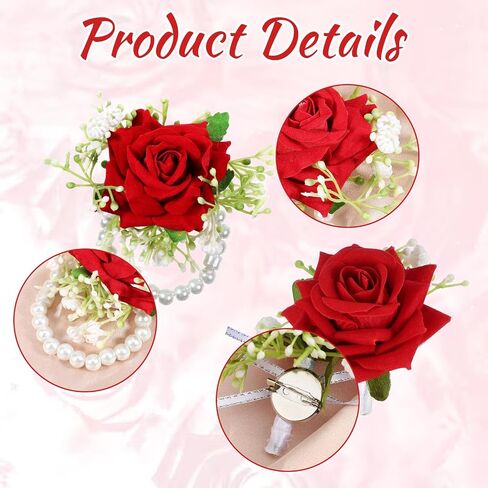 Larrel 2 Pcs Corsage and Boutonniere Set, Royal Red Corsage Wristlet Band Pearl Bracelet Wedding Flower Accessories for Men Wedding Prom Party Suit Decoration in Saudi Arabia
