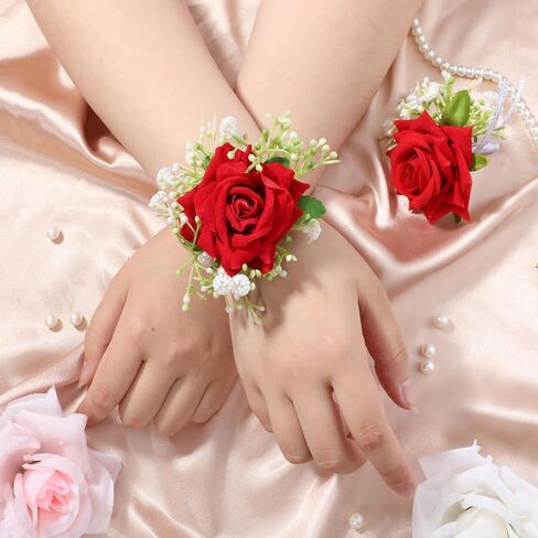 Larrel 2 Pcs Corsage and Boutonniere Set, Royal Red Corsage Wristlet Band Pearl Bracelet Wedding Flower Accessories for Men Wedding Prom Party Suit Decoration in Saudi Arabia