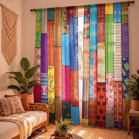 Indian Vintage Silk Blend Sari Curtains 1 Pair of 82 x 43 Inch Indian Imitation Patchwork Curtains Multi Color Bed Canopy Panel Tapestry or Window Treatment Handmade Drapes Home Bedroom Decor(Modern) in Saudi Arabia
